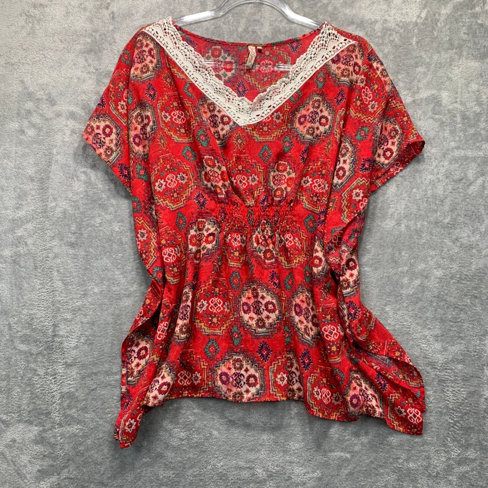 Red Camel Boho Red Print Crochet Trim Peasant Top Women's Medium Festival